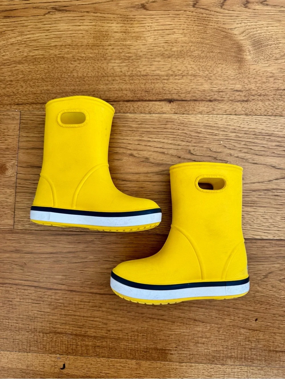 CROCS Kids' Bright Yellow Waterproof Rain Boots with Dark Blue & White Trim
